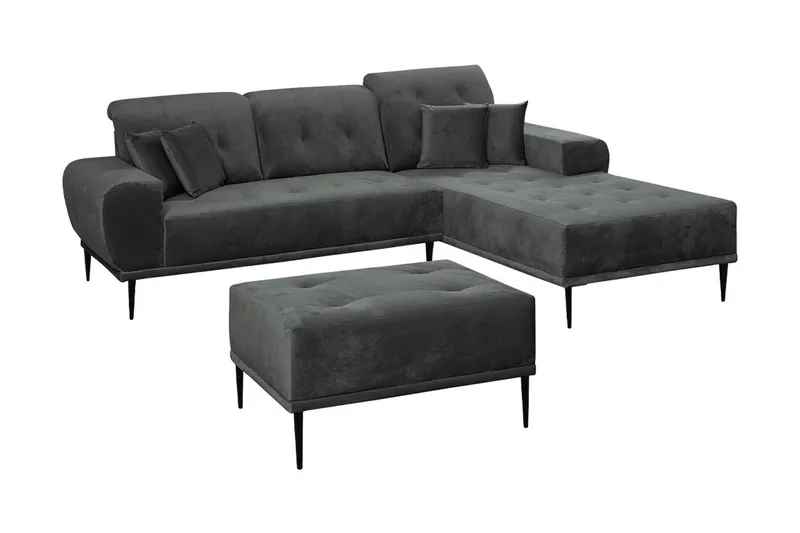 Rapale Sofagruppe Højre med Fodskammel, Velour/Lysegrå/Sort