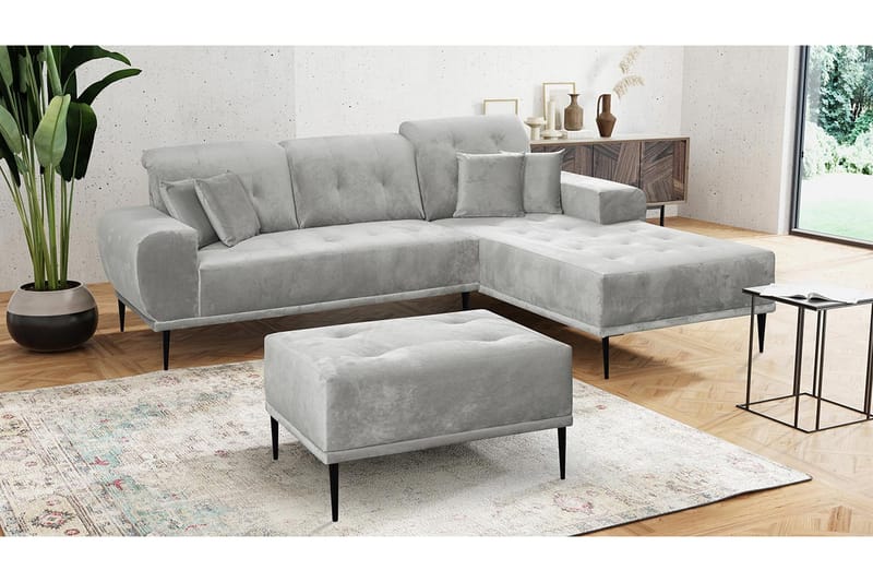 Rapale Sofagruppe Højre med Fodskammel - Velour/Sølv - Møbler - Sofaer - Sofagrupper
