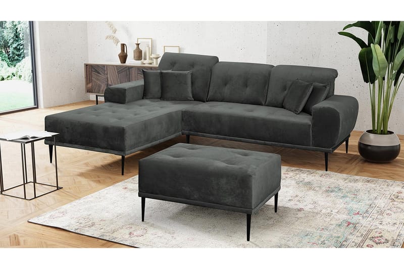 Rapale Sofagruppe Venstre med Fodskammel - Velour/Lysegrå/Sort - Møbler - Sofaer - Sofagrupper