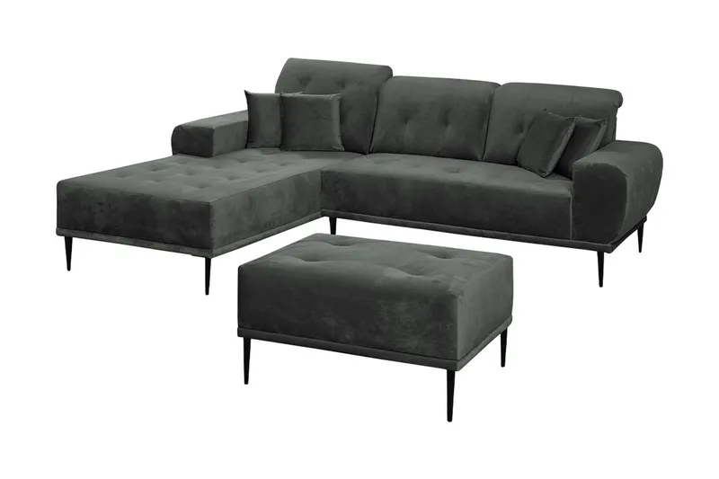 Rapale Sofagruppe Venstre med Fodskammel, Velour/Lysegrå/Sort