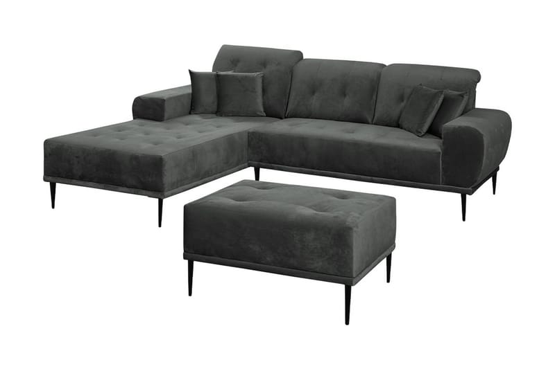 Rapale Sofagruppe Venstre med Fodskammel, Velour/Lysegrå/Sort
