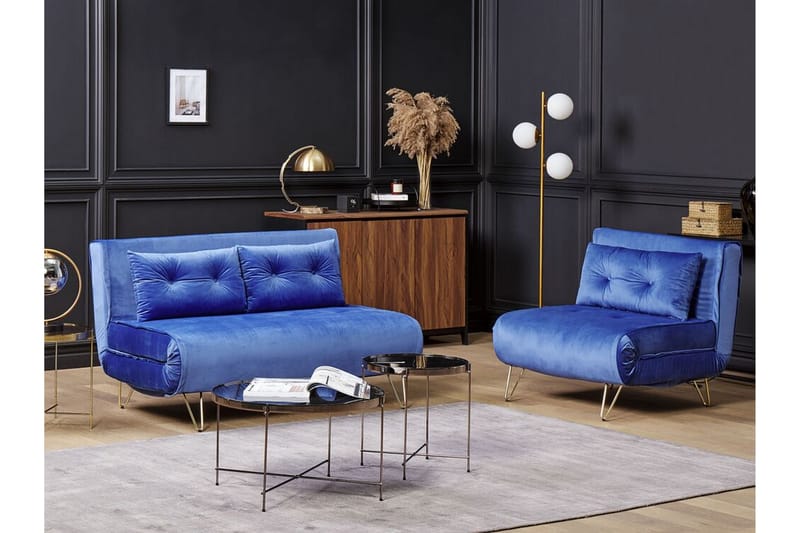 Sofagruppe 2-Pers. + 1-Pers. velour marinblå VESTFOLD - Blå - Møbler - Sofaer - Sofagrupper