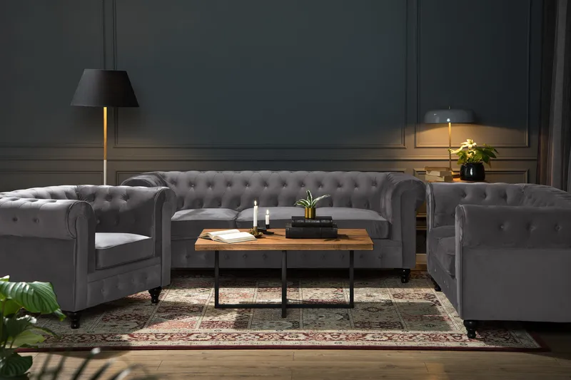 Chesterfield Luksus Sofasæt 3+2+1 i Fløjl - Grå - Møbler - Sofaer - Sofagrupper - Sofasæt 3+2+1