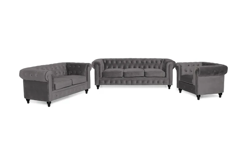 Chesterfield Luksus Sofasæt 3+2+1 i Fløjl, Grå