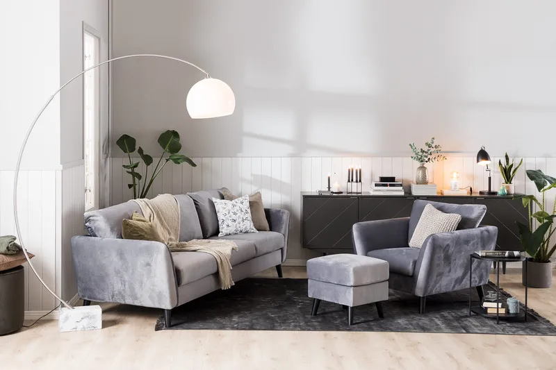 Trend Sofagruppe 3-personers + 2-personers Sofa + Lænestol + Fodskammel i Fløjl - Lysegrå - Møbler - Sofaer - Sofagrupper