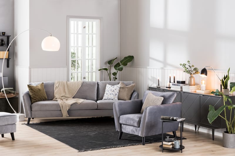 Trend Sofagruppe 3-personers + 2-personers Sofa + Lænestol + Fodskammel i Fløjl - Lysegrå - Møbler - Sofaer - Sofagrupper