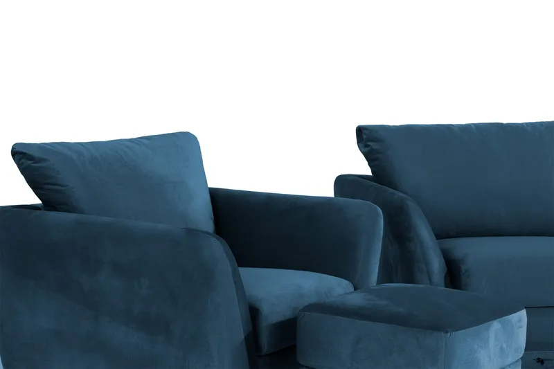 Trend Sofagruppe 3-personers + 2-personers Sofa + Lænestol + Fodskammel i Fløjl - Blå - Møbler - Sofaer - Sofagrupper
