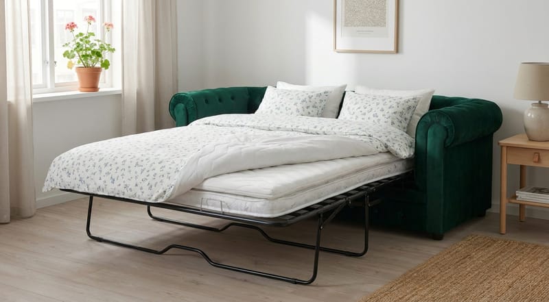 Chesterfield Lyx 3-pers. fremadudfoldelig sovesofa med HVILA topmadras 140x200 cm memoryskum med vaskbart betræk - Grøn - Møbler - Sofaer - Sovesofaer - 3 personers sovesofa