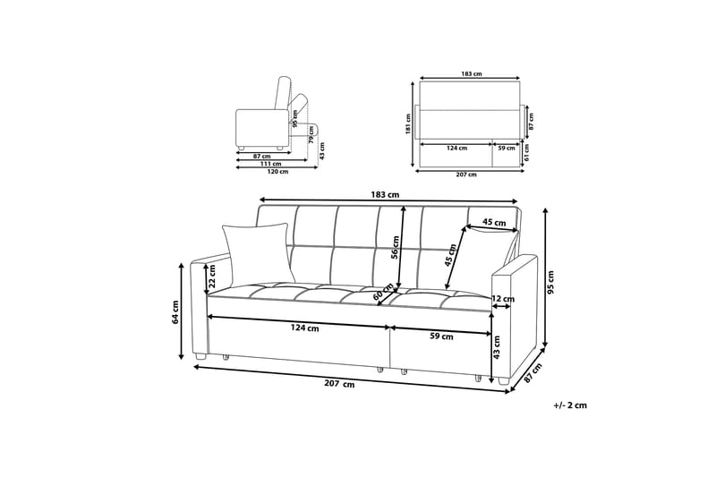 Glomma 3-personers Udtrækkelig Sovesofa 181x207 cm i Stof - Grå - Møbler - Sofaer - Sovesofaer - 3 personers sovesofa