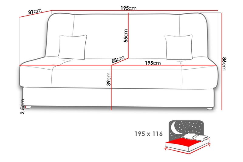 Jonas Sovesofa 195x87x86 cm - Møbler - Sofaer - Sovesofaer - 3 personers sovesofa