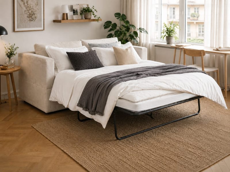 Travstad 3-personers sovesofa med HVILA topmadras 140x200 cm polyetherskum med vaskbart betræk - Beige - Møbler - Sofaer - Sovesofaer - 3 personers sovesofa