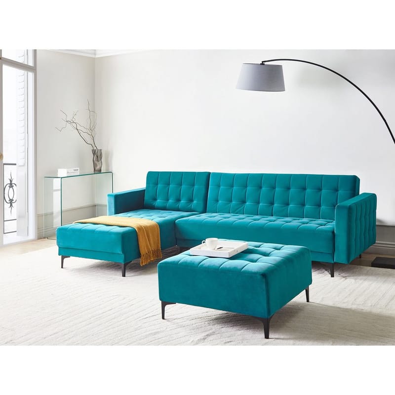 4-personers hjørnesofa Aberdeen - Havsblå, Sort/Højrevendt/Fløjl - Møbler - Sofaer - Sovesofaer