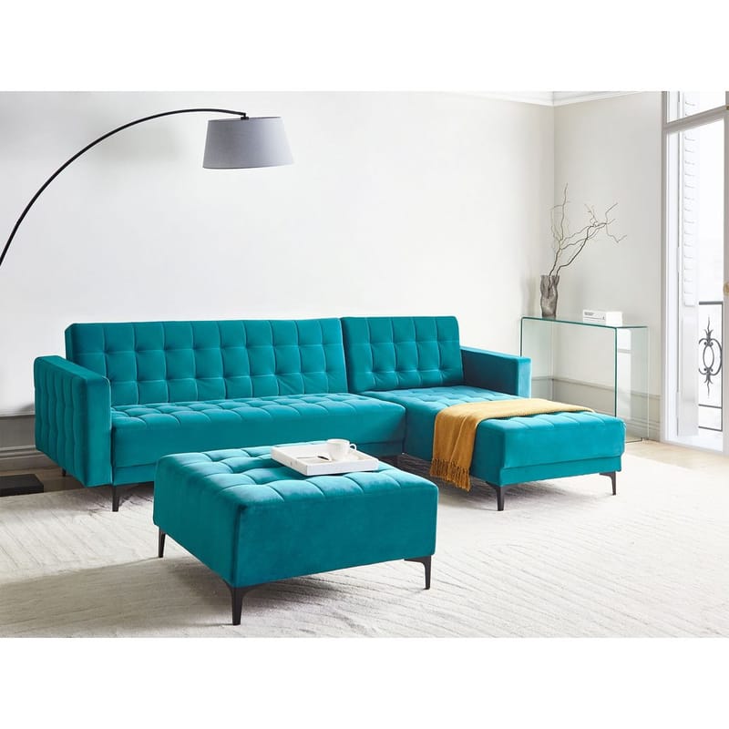 4-personers hjørnesofa Aberdeen - Havsblå, Sort/Venstrevendt/Fløjl - Møbler - Sofaer - Sovesofaer