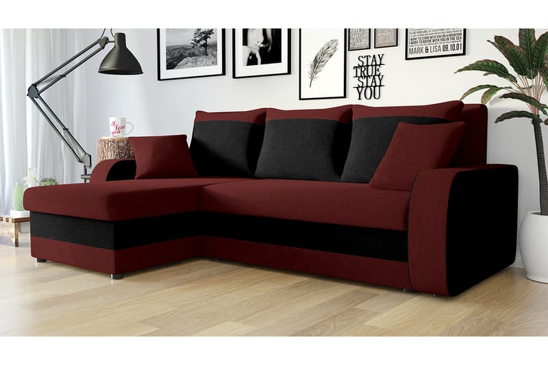 Alvared 3-person Hjørnesovesofa Universal - Rød/Sort - Sovesofaer - Sovesofa chaiselong - Velour sofaer