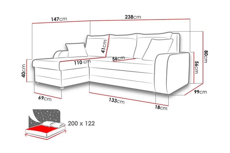 Alvared 3-person Hjørnesovesofa Universal - Rød/Sort - Sovesofaer - Sovesofa chaiselong - Velour sofaer