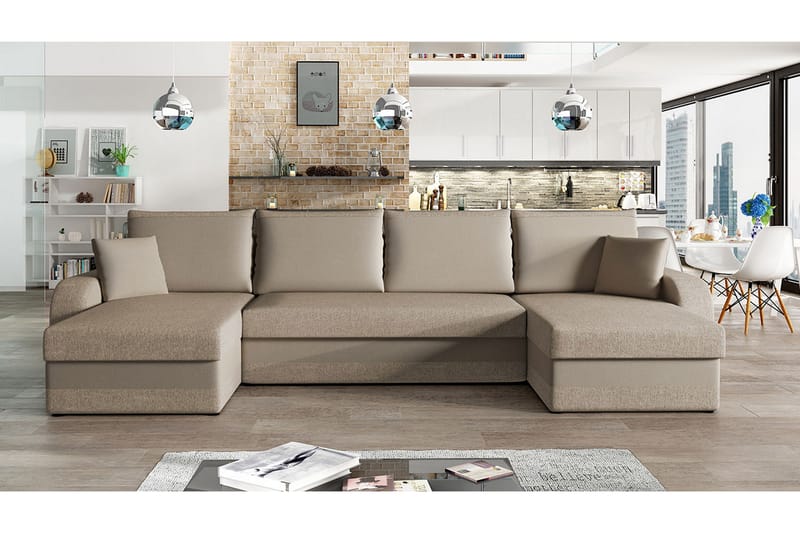 Alvared 4-person Sovesofa med dobbelt Chaiselong og Opbevari - Velour/Beige - Sovesofaer - U sovesofa - Sovesofa chaiselong