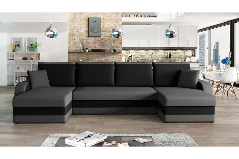 Alvared 4-person Sovesofa med dobbelt Chaiselong og Opbevari - Velour/Grå/Sort - Sovesofaer - Velour sofaer - U sovesofa - Sovesofa chaiselong