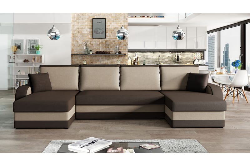 Alvared 4-person Sovesofa med dobbelt Chaiselong og Opbevari - Velour/Brun/Beige - Sovesofaer - Velour sofaer - U sovesofa - Sovesofa chaiselong