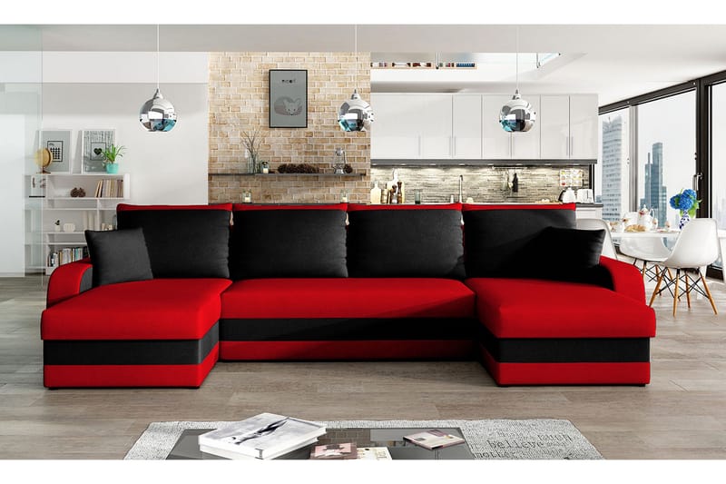 Alvared 4-person Sovesofa med dobbelt Chaiselong og Opbevari - Rød/Sort - Møbler - Sofaer - Sovesofaer