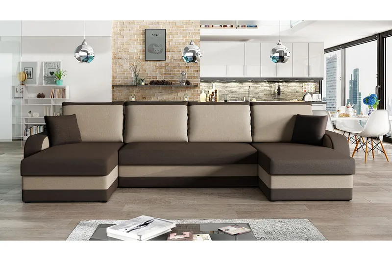 Alvared 4-person Sovesofa med dobbelt Chaiselong og Opbevari - Velour/Brun/Beige - Møbler - Sofaer - Sovesofaer