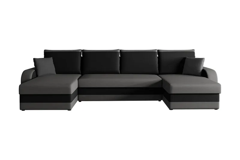 Alvared 4-person Sovesofa med dobbelt Chaiselong og Opbevari, Velour/Grå/Sort