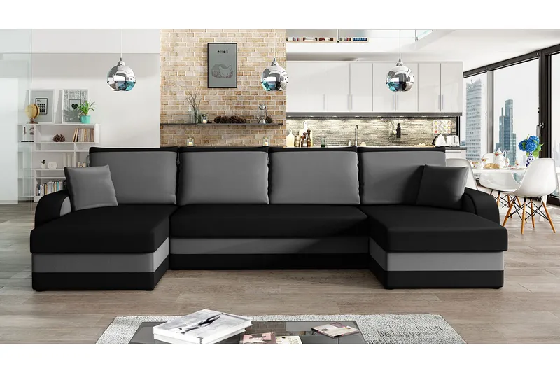 Alvared 4-person Sovesofa med dobbelt Chaiselong og Opbevari - Velour/Sort/Grå - Møbler - Sofaer - Sovesofaer