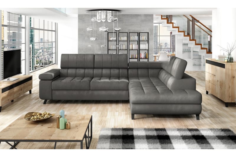Azoulay Højrevendt Sovesofa 123x193 cm med Opbevaring i Fløjl - Grå - Møbler - Sofaer - Sovesofaer