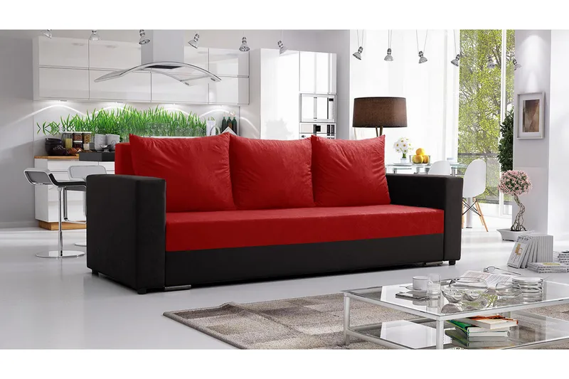 Banaso 3-personers Sovesofa 130x200 cm med Opbevaring i Fløjl - Rød|Sort - Møbler - Sofaer - Sovesofaer