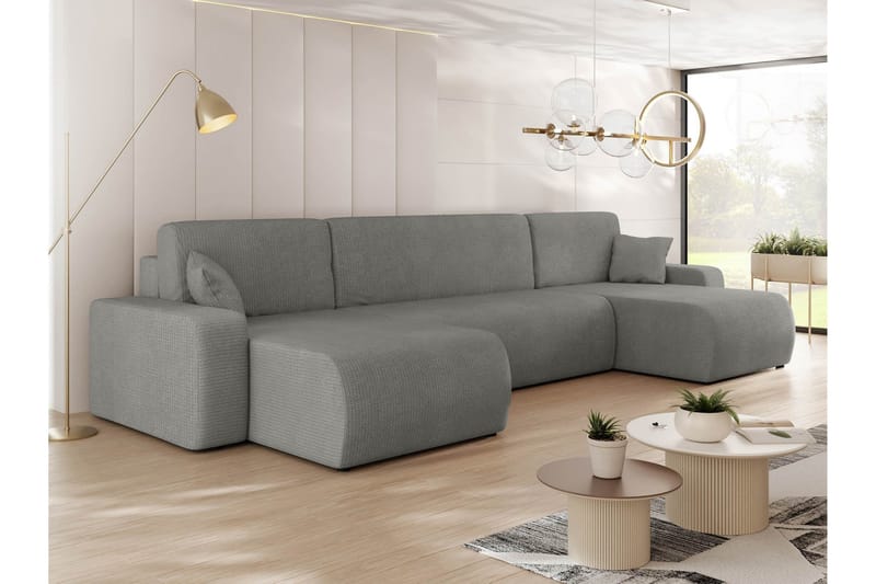 Barile Sovesofa med Dobbelt Chaiselong 4-personers i Plys - Grå - Møbler - Sofaer - Sovesofaer