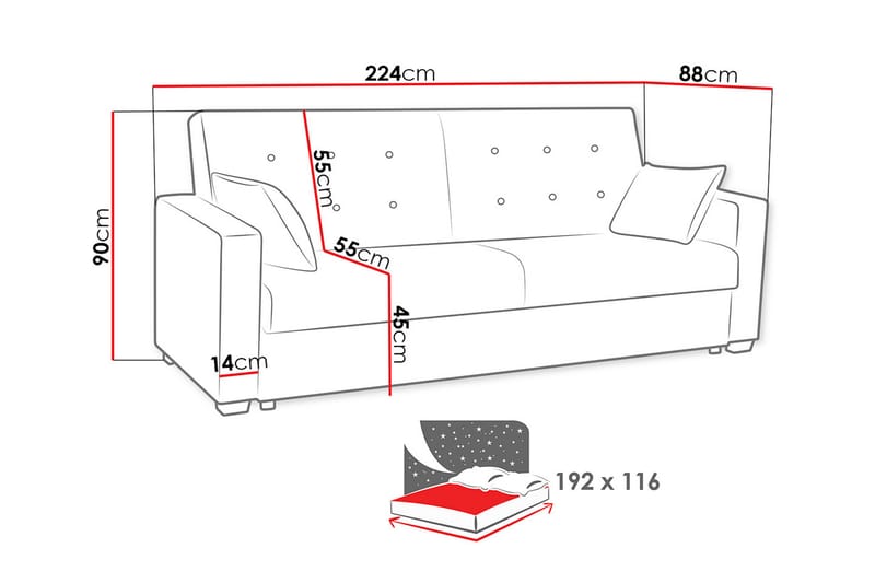 Bartek Sovesofa 224x88x90 cm - Sovesofaer - 3 personers sovesofa - Velour sofaer