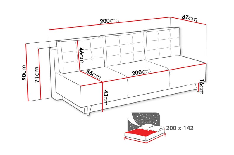 Bella Sovesofa 142x200 cm med Opbevaring i Stof - Grå - Møbler - Sofaer - Sovesofaer