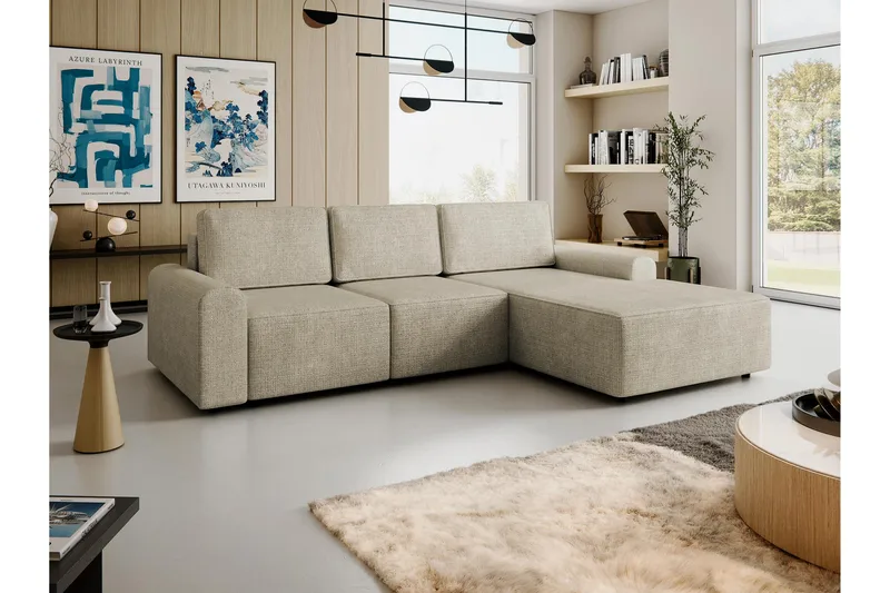 Bella Sovesofa med Chaiselong 3-personers i Plys - Beige - Møbler - Sofaer - Sovesofaer