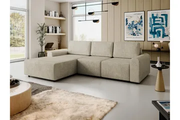 Bella Sovesofa med Chaiselong 3-personers i Plys - Beige - Møbler - Sofaer - Sovesofaer