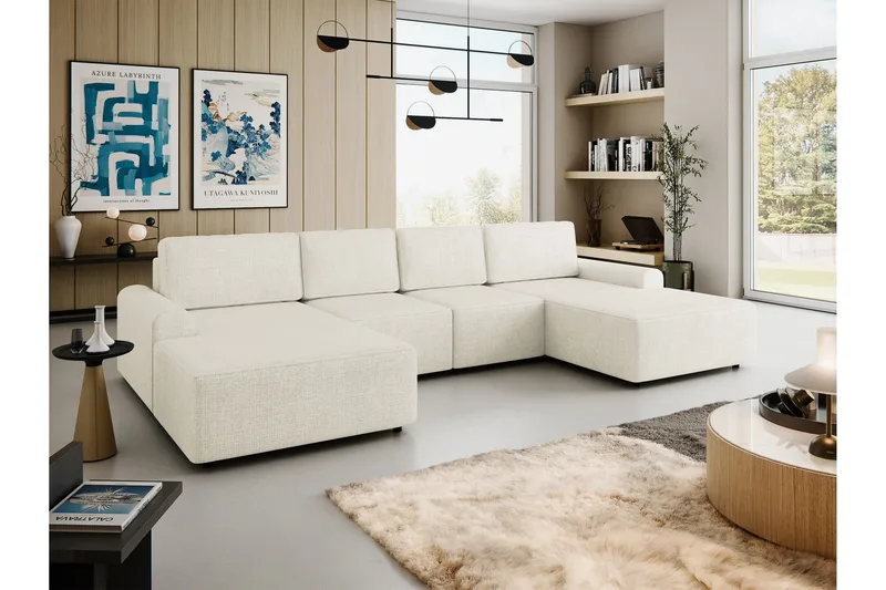 Bella Sovesofa med Dobbelt Chaiselong 4-personers i Plys - Beige - Møbler - Sofaer - Sovesofaer