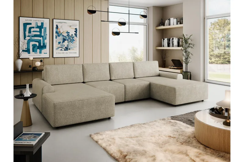 Bella Sovesofa med Dobbelt Chaiselong 4-personers i Plys - Beige - Møbler - Sofaer - Sovesofaer