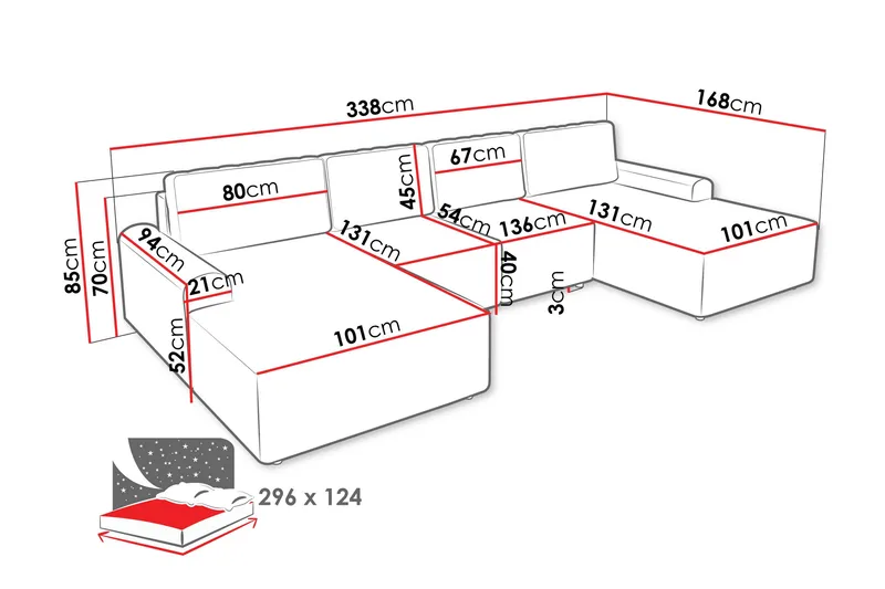Bella Sovesofa med Dobbelt Chaiselong 4-personers i Plys - Grå - Møbler - Sofaer - Sovesofaer