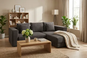 Bergen ekstra dyb, 3-personers sovesofa med vendbar chaiselong og opbevaring i fløjl - Taupe - Møbler - Sofaer - Sovesofaer