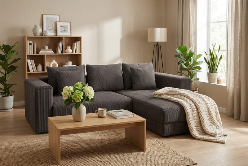 Bergen ekstra dyb, 3-personers sovesofa med vendbar chaiselong og opbevaring i fløjl - Mørkegrå - Møbler - Sofaer - Sovesofaer