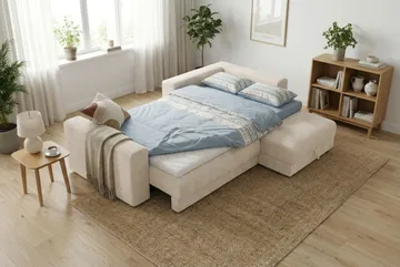 Bergen Ekstra dyb 3-personers sovesofa med divan og topmadras i polyetherskum, vendbar sommer- og vinterside og vaskbart betræk - Beige - Møbler - Sofaer - Sovesofaer