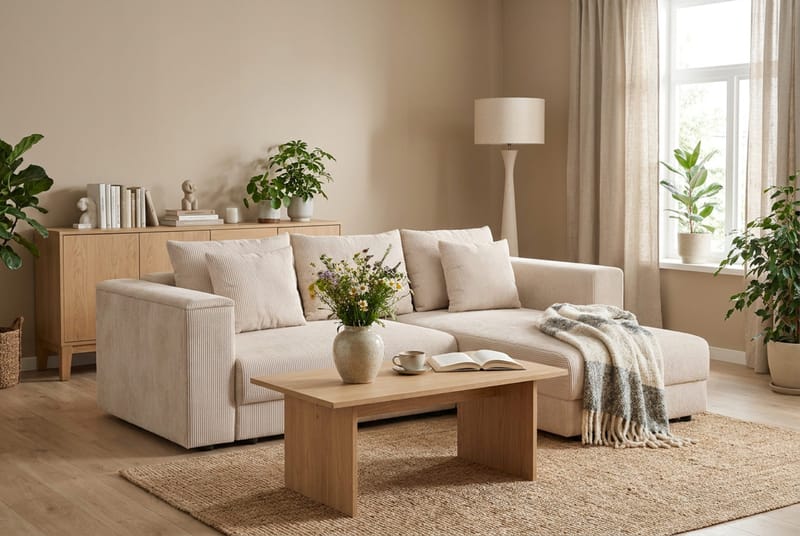Bergen Ekstra dyb 3-personers sovesofa med divan og topmadras i polyetherskum og vaskbart betræk - Beige - Møbler - Sofaer - Sovesofaer - Sovesofa chaiselong