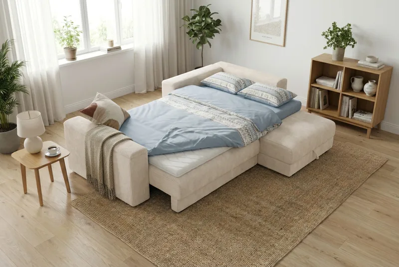 Bergen Ekstra dyb Fremadudtræk 3-personers sovesofa med divan og topmadras i polyetherskum, vendbar sommer- og vinterside og vaskbart betræk - Beige fløjl - Møbler - Sofaer - Sovesofaer - Sovesofa chaiselong