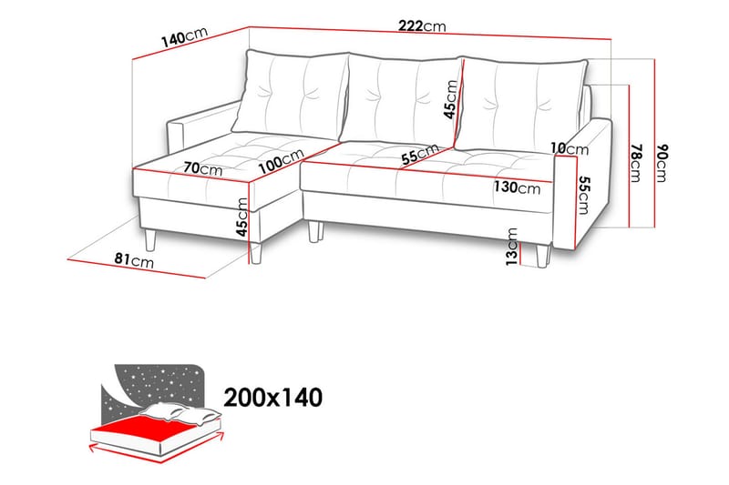 Bodo Sovesofa med diva 222x140x90 cm - Mørkegrå - Sovesofaer - Sovesofa chaiselong