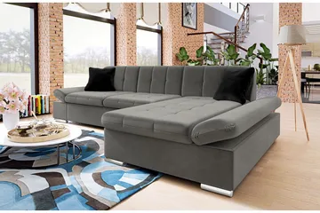 Branstad Hjørnesovesofa Højrevendt 129x240 cm med Opbevaring i Fløjl - Grå - Møbler - Sofaer - Sovesofaer