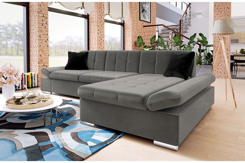 Branstad Hjørnesovesofa Højrevendt 129x240 cm med Opbevaring i Fløjl - Grå - Møbler - Sofaer - Sovesofaer