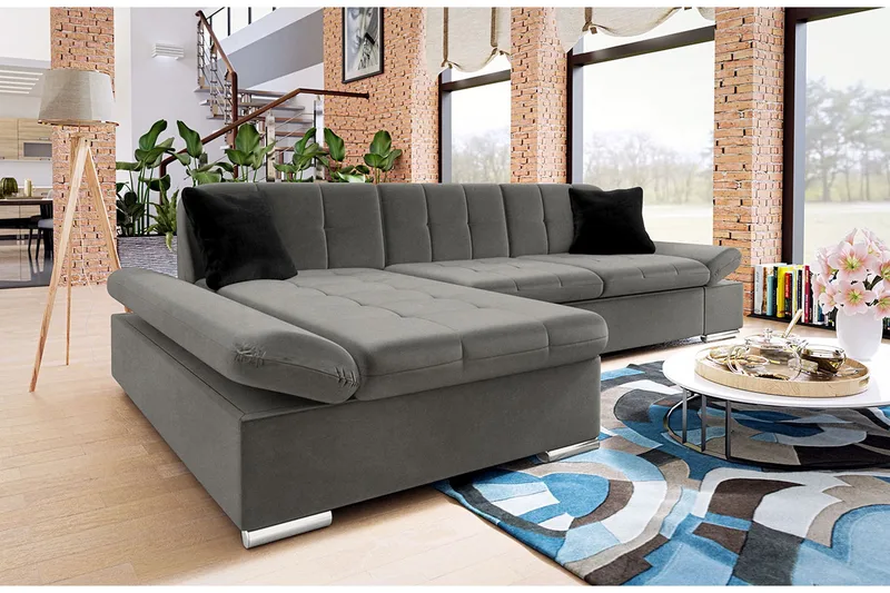 Branstad Hjørnesovesofa Venstrevendt 129x240 cm med Opbevaring i Fløjl - Grå - Møbler - Sofaer - Sovesofaer