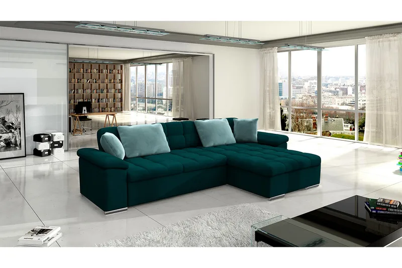 Camior 4-personers Højrevendt Hjørnesovesofa 129x227 cm med Opbevaring i Fløjl - Grøn - Møbler - Sofaer - Sovesofaer