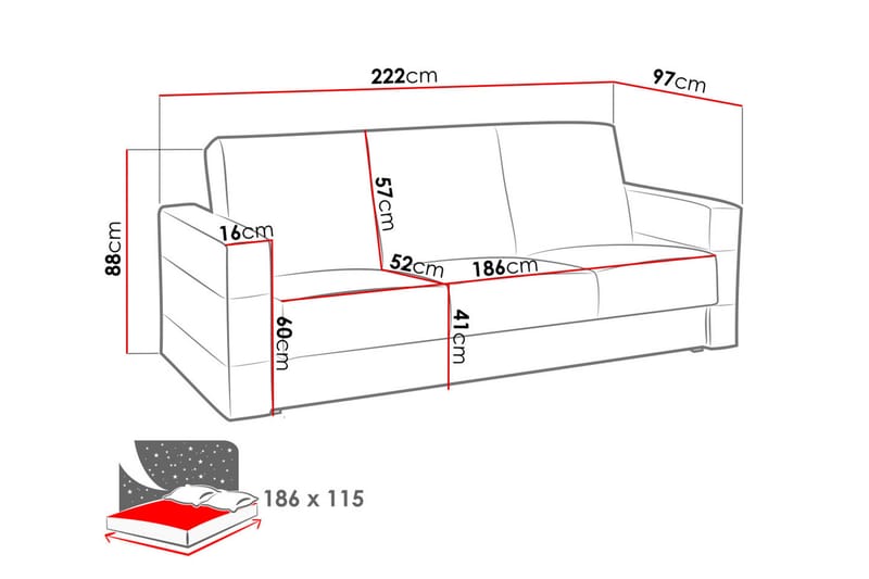 Cenia sovesofa 222x97x88 cm - Sovesofaer - Lædersofaer - 3 personers sovesofa