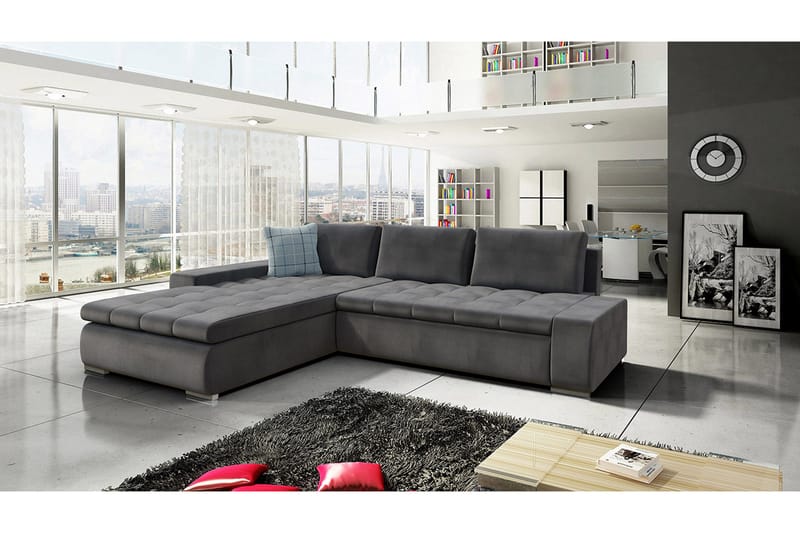 Cerys Hjørnesovesofa Universal 140x252 cm med Opbevaring i Stof - Grå - Møbler - Sofaer - Sovesofaer