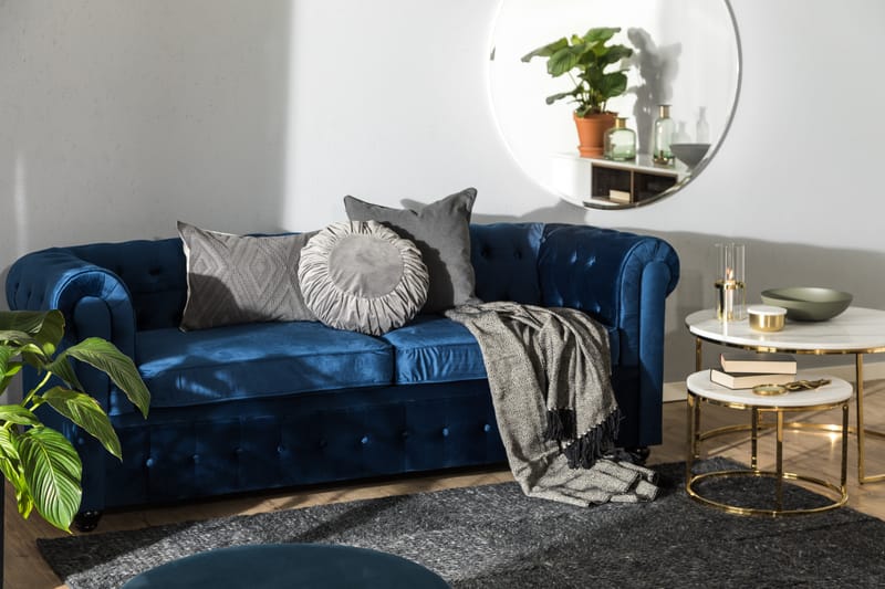 Chesterfield Lyx 3-sædet Fløjlssofa – Dyb sofa - Blå - Møbler - Sofaer - Sovesofaer