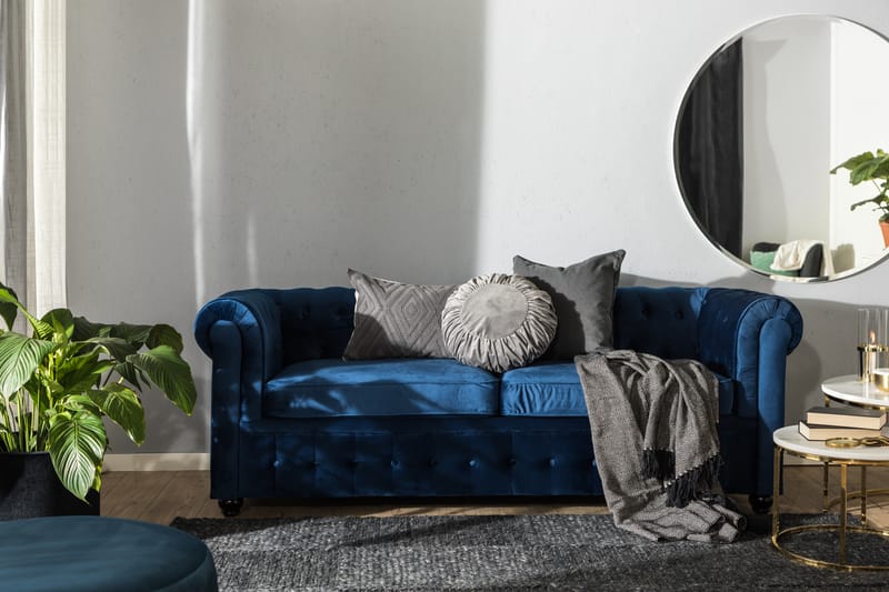 Chesterfield Lyx 3-sædet Fløjlssofa – Dyb sofa - Blå - Møbler - Sofaer - Sovesofaer